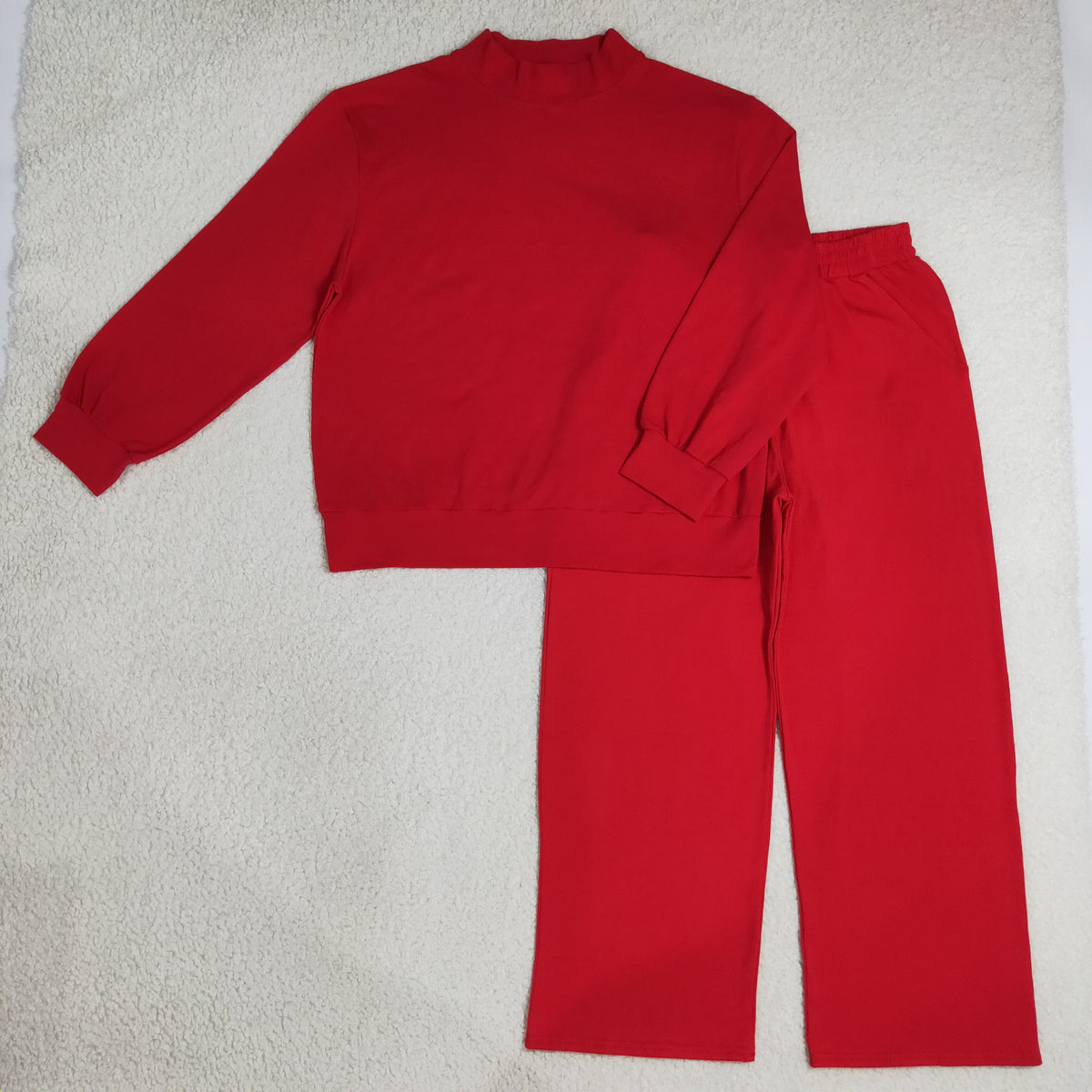 Adult Women Red Long Sleeve Choker Top Pockets Flare Pants Fall Pajamas Clothes Sets