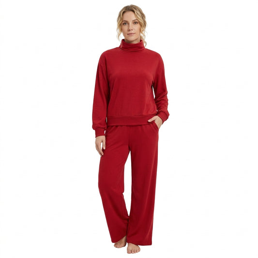 Adult Women Maroon Choker Top Pockets Flare Pants Fall Pajamas Clothes Sets