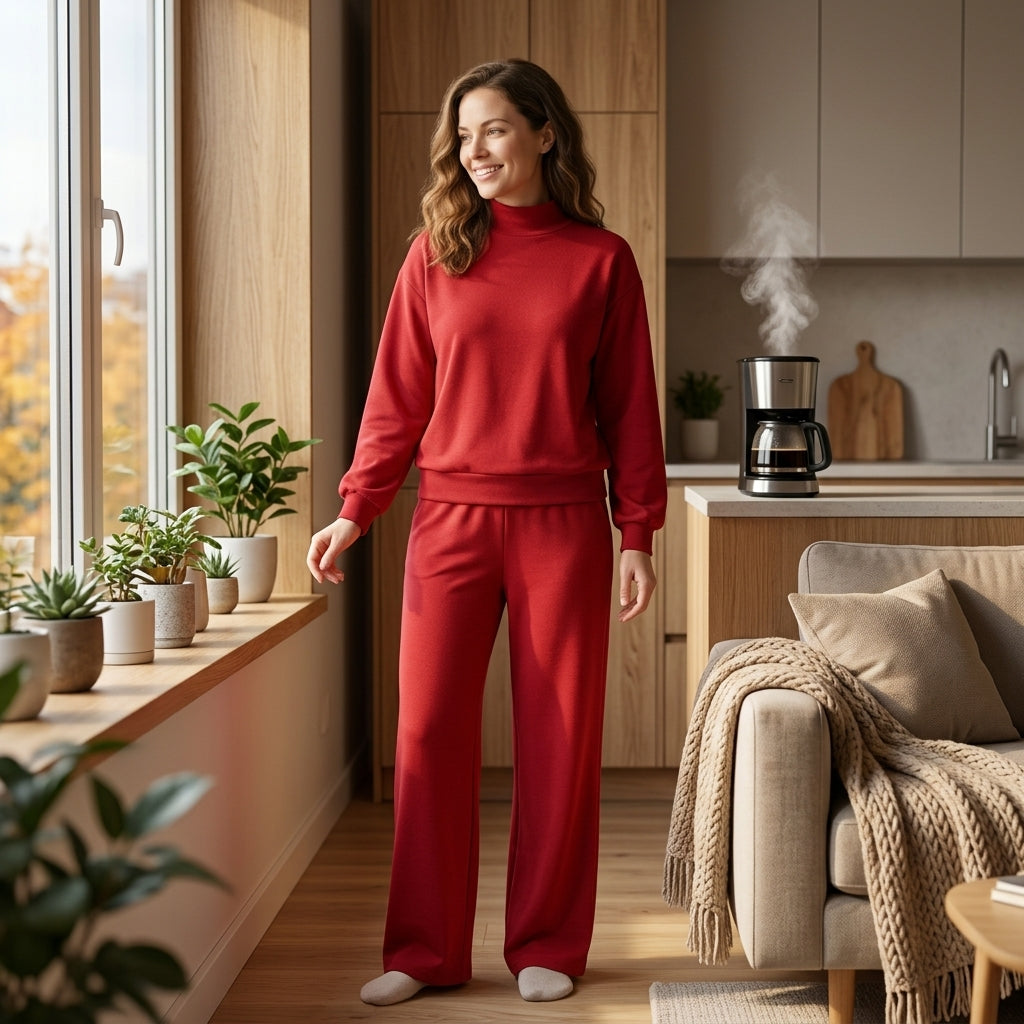 Adult Women Maroon Choker Top Pockets Flare Pants Fall Pajamas Clothes Sets