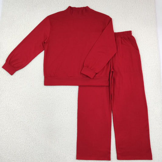 Adult Women Maroon Choker Top Pockets Flare Pants Fall Pajamas Clothes Sets
