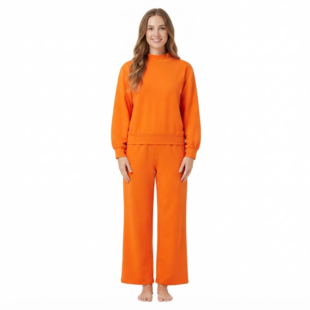 Adult Women Orange Choker Top Pockets Flare Pants Fall Pajamas Clothes Sets