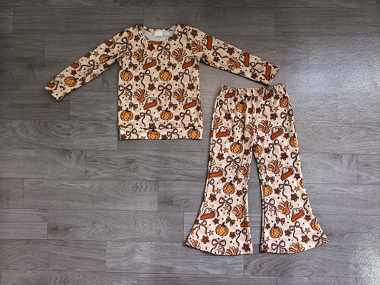 Baby Girls Turkey Pumpkins Top Flare Pants Thanksgiving Clothes Sets