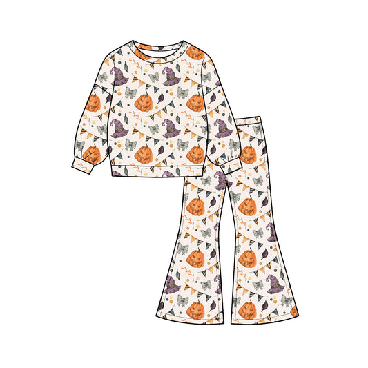 Preorder moq 5 Baby Girls Ghost Pumpkins Top Flare Pants Halloween Clothes Sets
