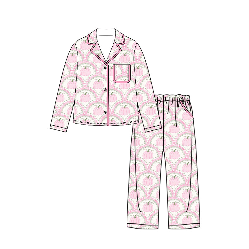 Preorder moq 5 Adult Women Pumpkins Checked Button Top Pockets Pant Fall Pajamas Sets