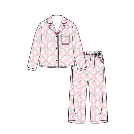 Preorder moq 5 Adult Women Pumpkins Checked Button Top Pockets Pant Fall Pajamas Sets