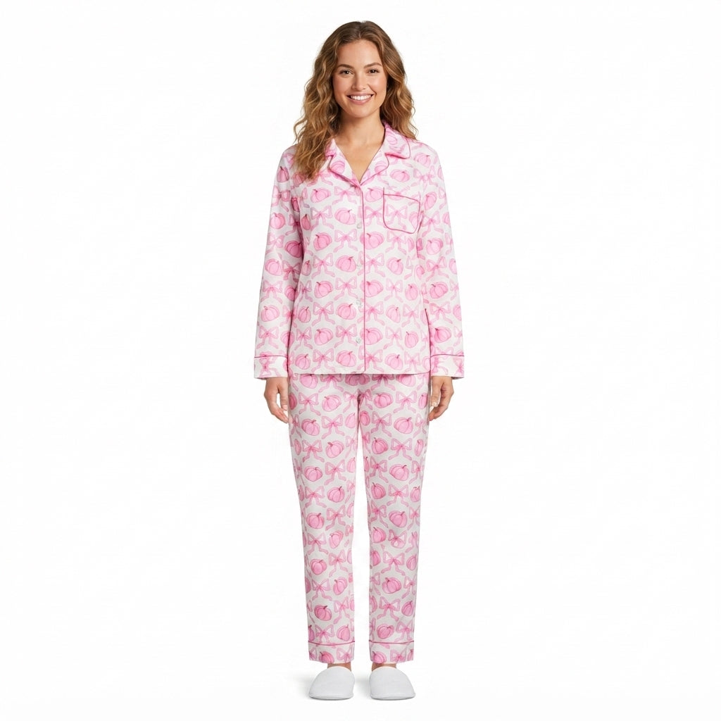 Adult Women Bows Pumpkins Button Top Pockets Pant Fall Pajamas Sets