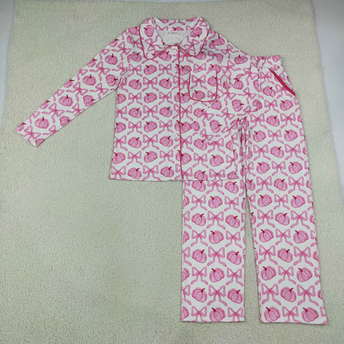 Adult Women Bows Pumpkins Button Top Pockets Pant Fall Pajamas Sets