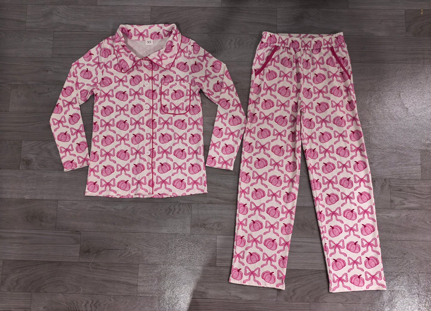 Adult Women Bows Pumpkins Button Top Pockets Pant Fall Pajamas Sets Preorder