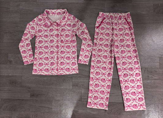Adult Women Bows Pumpkins Button Top Pockets Pant Fall Pajamas Sets Preorder