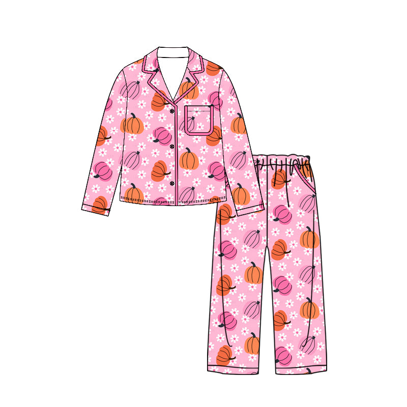 Preorder moq 5 Adult Women Flower Pumpkins Button Top Pockets Pant Fall Pajamas Sets