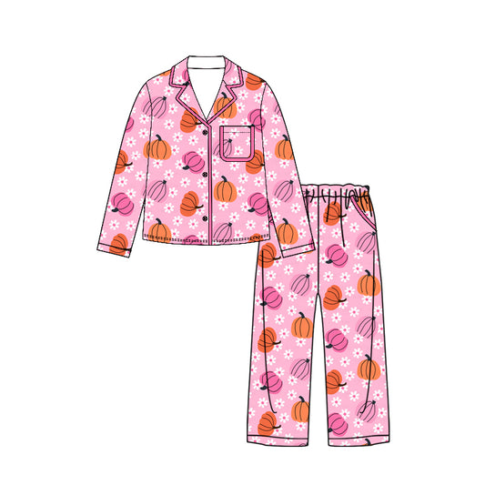 Preorder moq 5 Adult Women Flower Pumpkins Button Top Pockets Pant Fall Pajamas Sets