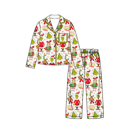 Preorder moq 5 Adult Women Green Frogs Gifts Button Top Pockets Pant Christmas Pajamas Sets