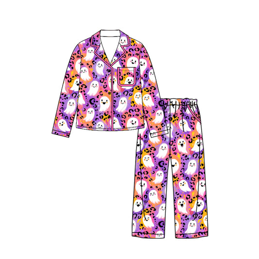 Preorder moq 5 Adult Women Leopard Ghosts Button Top Pockets Pant Halloween Pajamas Sets