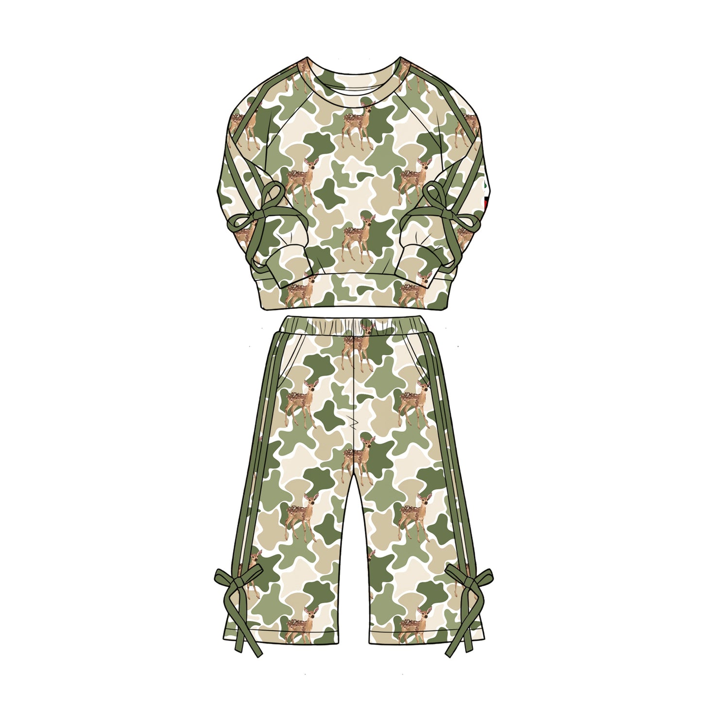 Preorder moq 5 Baby Girls Green Camo Deer Top Pockets Flare Pant Hunting Clothes Sets