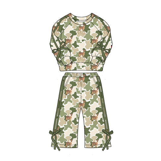 Baby Girls Green Camo Deer Top Pockets Flare Pant Hunting Clothes Sets Preorder