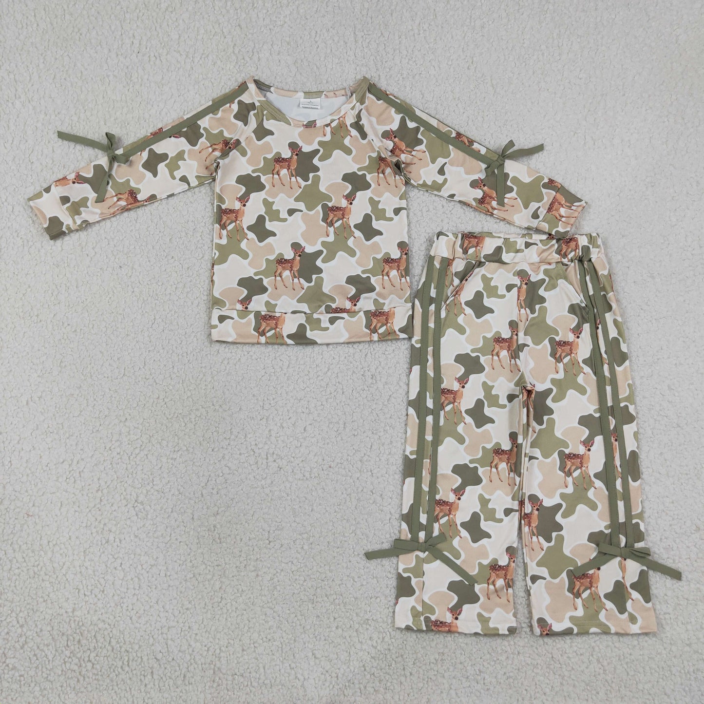 Baby Girls Green Camo Deer Top Pockets Bows Pant Christams Clothes Sets