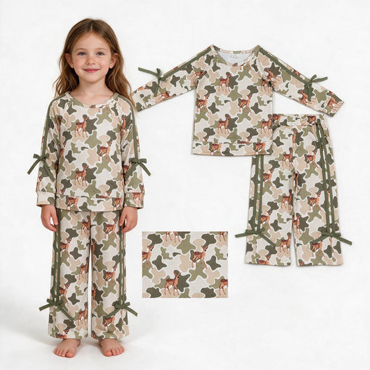 Baby Girls Green Camo Deer Top Pockets Bows Pant Christams Clothes Sets