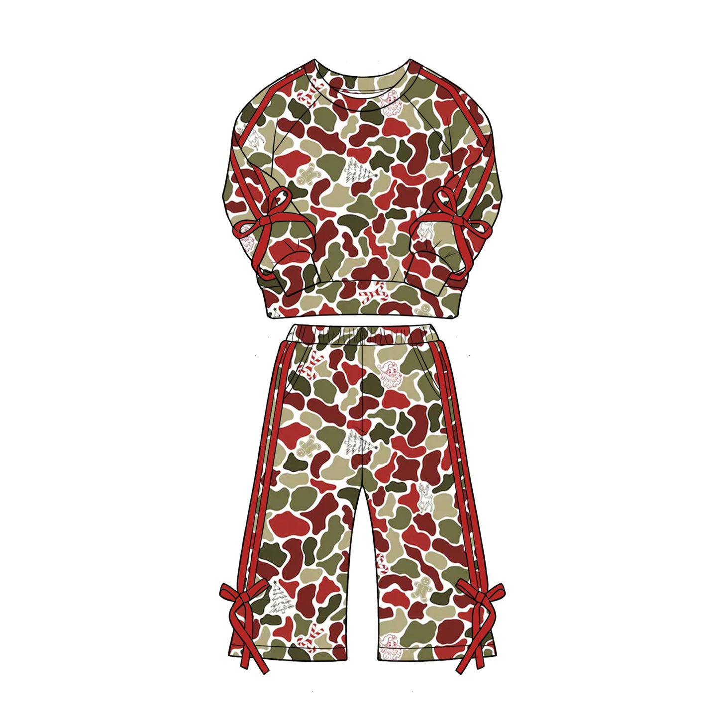 Preorder moq 5 Baby Girls Camo Candy Cane Top Pockets Flare Pant Christmas Clothes Sets