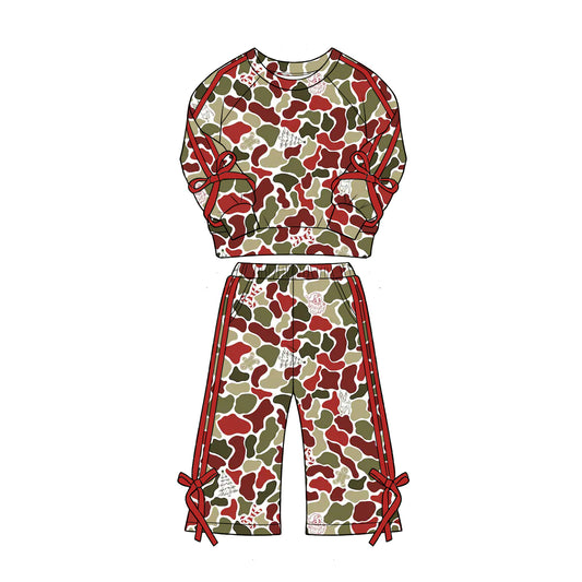 Preorder moq 5 Baby Girls Camo Candy Cane Top Pockets Flare Pant Christmas Clothes Sets