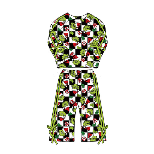 Preorder moq 5 Baby Girls Green Frogs Checked Top Pockets Flare Pant Christmas Clothes Sets