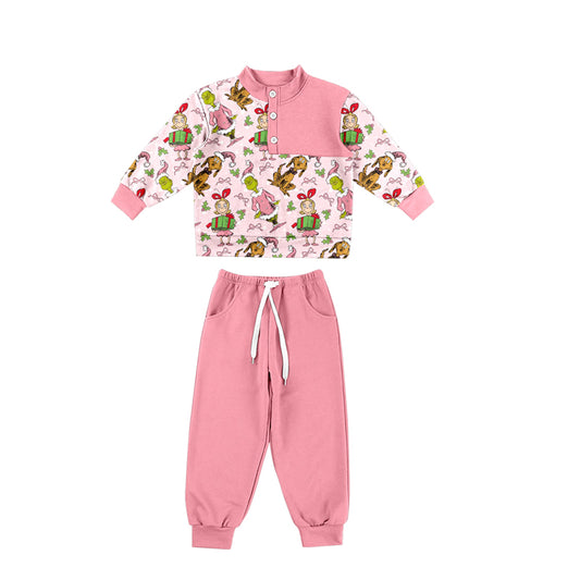 Preorder moq 5 Baby Girls Green Frogs Gifts Button Top Pockets Jogger Christmas Clothes Sets