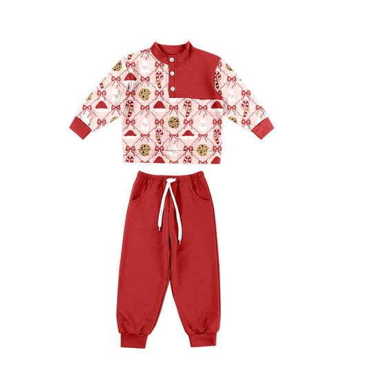 Preorder moq 5 Baby Girls Candy Cane Bows Button Top Pockets Jogger Christmas Clothes Sets