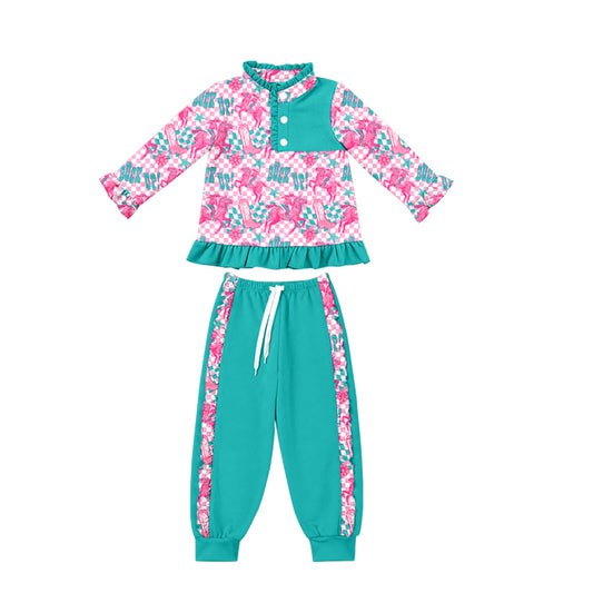 Preorder moq 5 Baby Girls Horse Rodeos Boots Button Top Pockets Jogger Western Clothes Sets