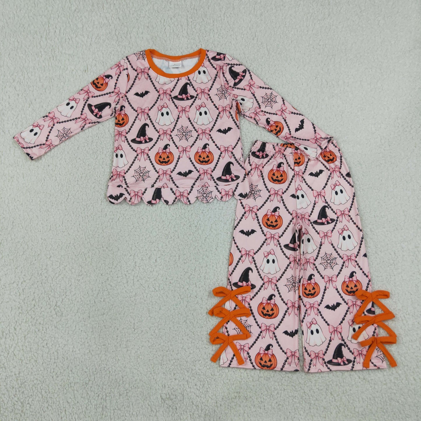 Baby Girls Ghost Pumpkins Scallop Top Bows Pants Halloween Clothes Set