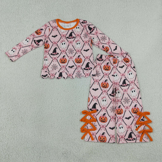Baby Girls Ghost Pumpkins Scallop Top Bows Pants Halloween Clothes Set