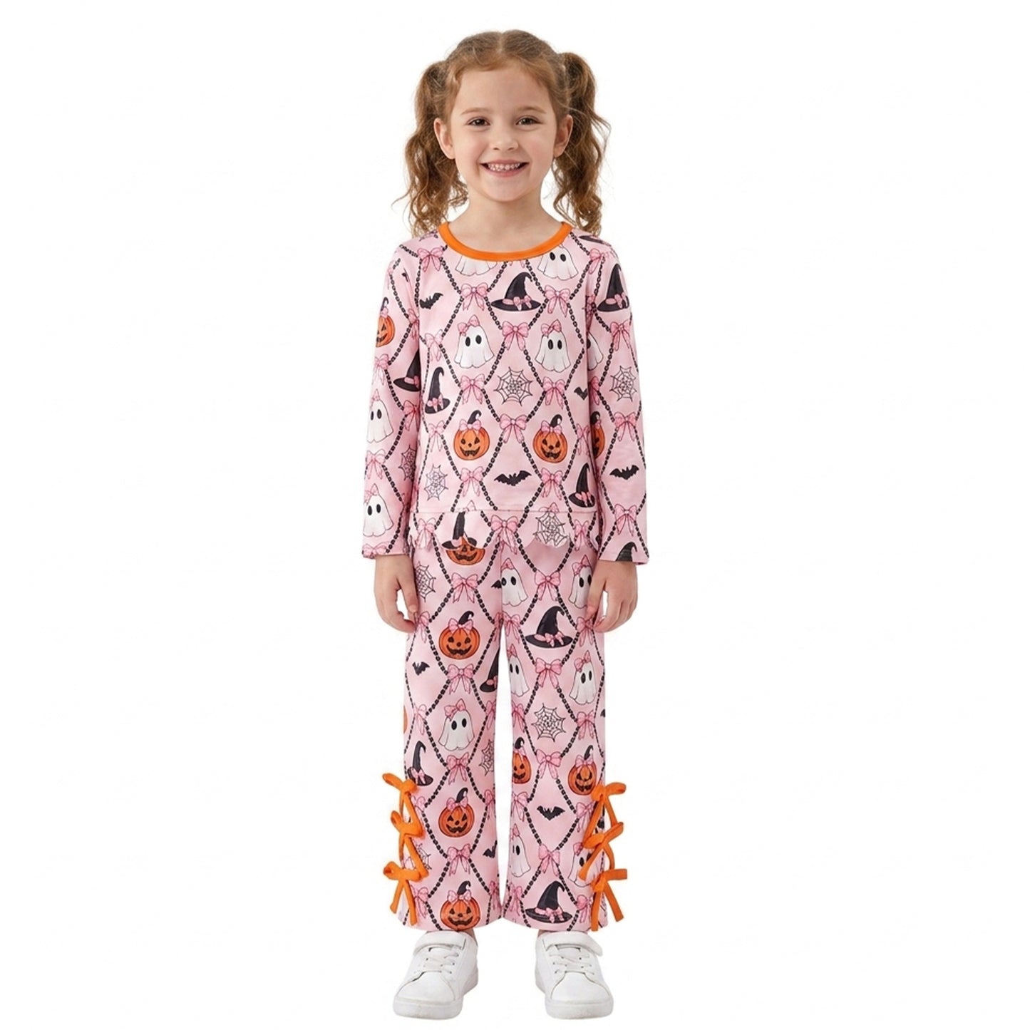 Baby Girls Ghost Pumpkins Scallop Top Bows Pants Halloween Clothes Set