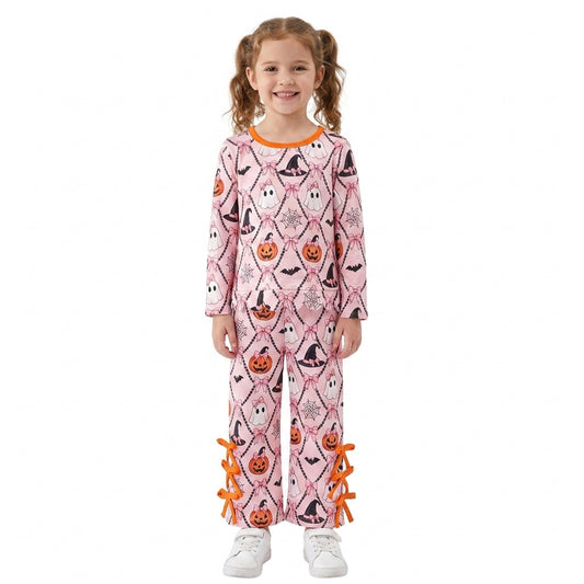 Baby Girls Ghost Pumpkins Scallop Top Bows Pants Halloween Clothes Set