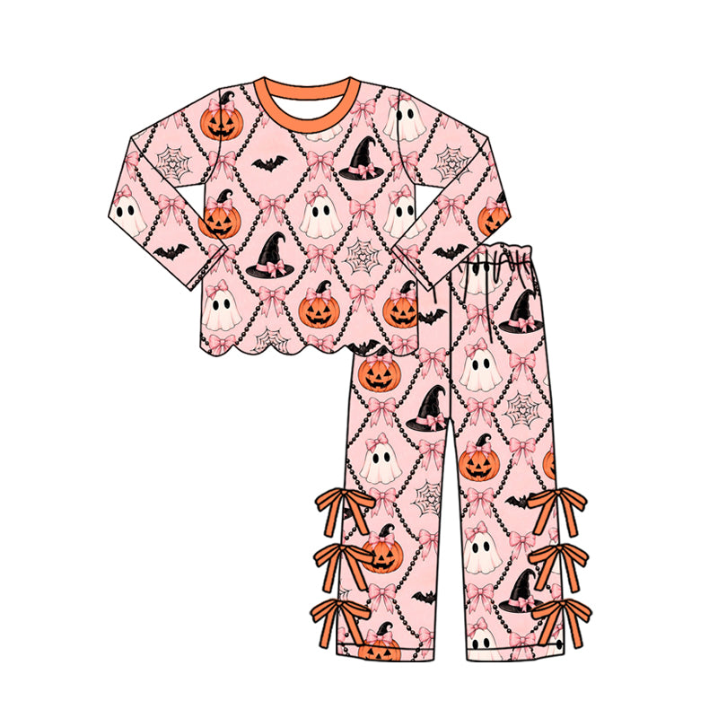 Preorder moq 5 Baby Girls Ghost Pumpkins Scallop Top Bows Pants Halloween Clothes Set