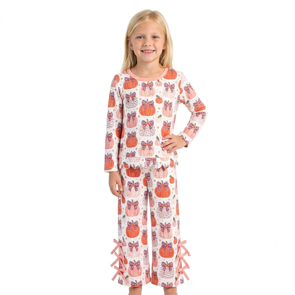 Baby Girls Leopard Bows Pumpkins Scallop Top Bows Pants Fall Clothes Set