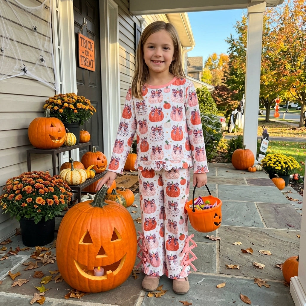 Baby Girls Leopard Bows Pumpkins Scallop Top Bows Pants Fall Clothes Set