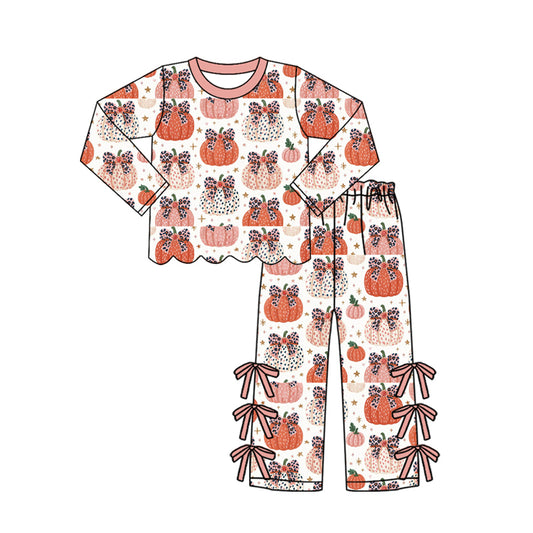 Baby Girls Leopard Bows Pumpkins Scallop Top Bows Pants Fall Clothes Set Preorder