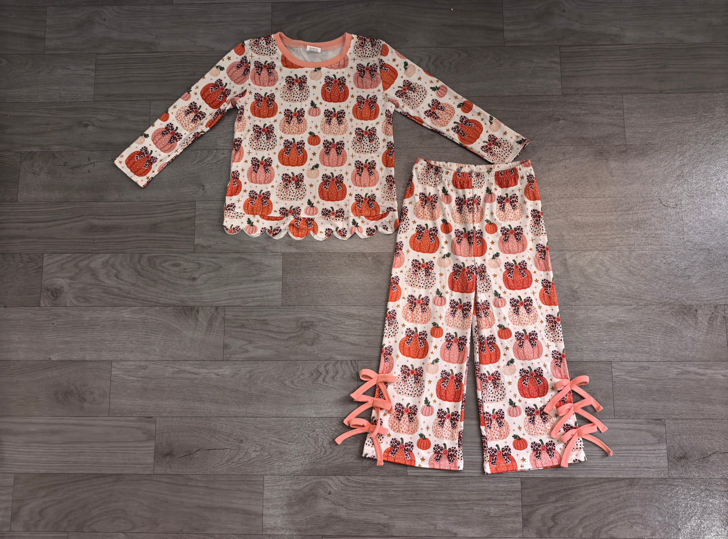 Baby Girls Leopard Bows Pumpkins Scallop Top Bows Pants Fall Clothes Set Preorder