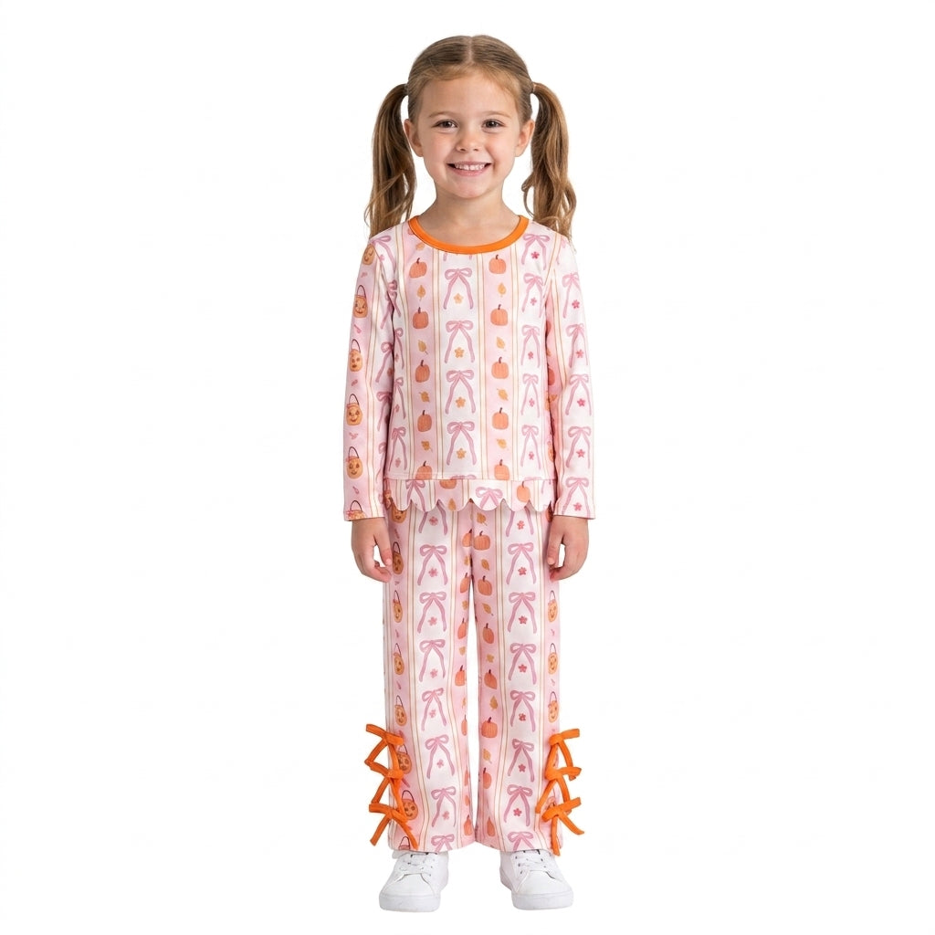Baby Girls Bows Pumpkins Stripe Scallop Top Bows Pants Fall Clothes Set