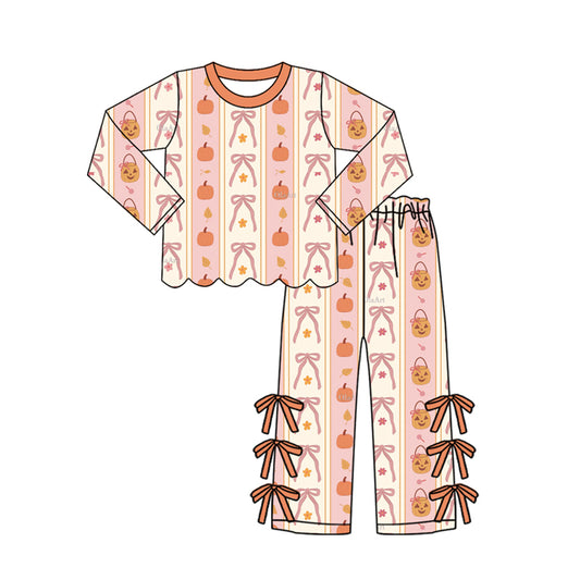Baby Girls Bows Pumpkins Stripe Scallop Top Bows Pants Fall Clothes Set Preorder