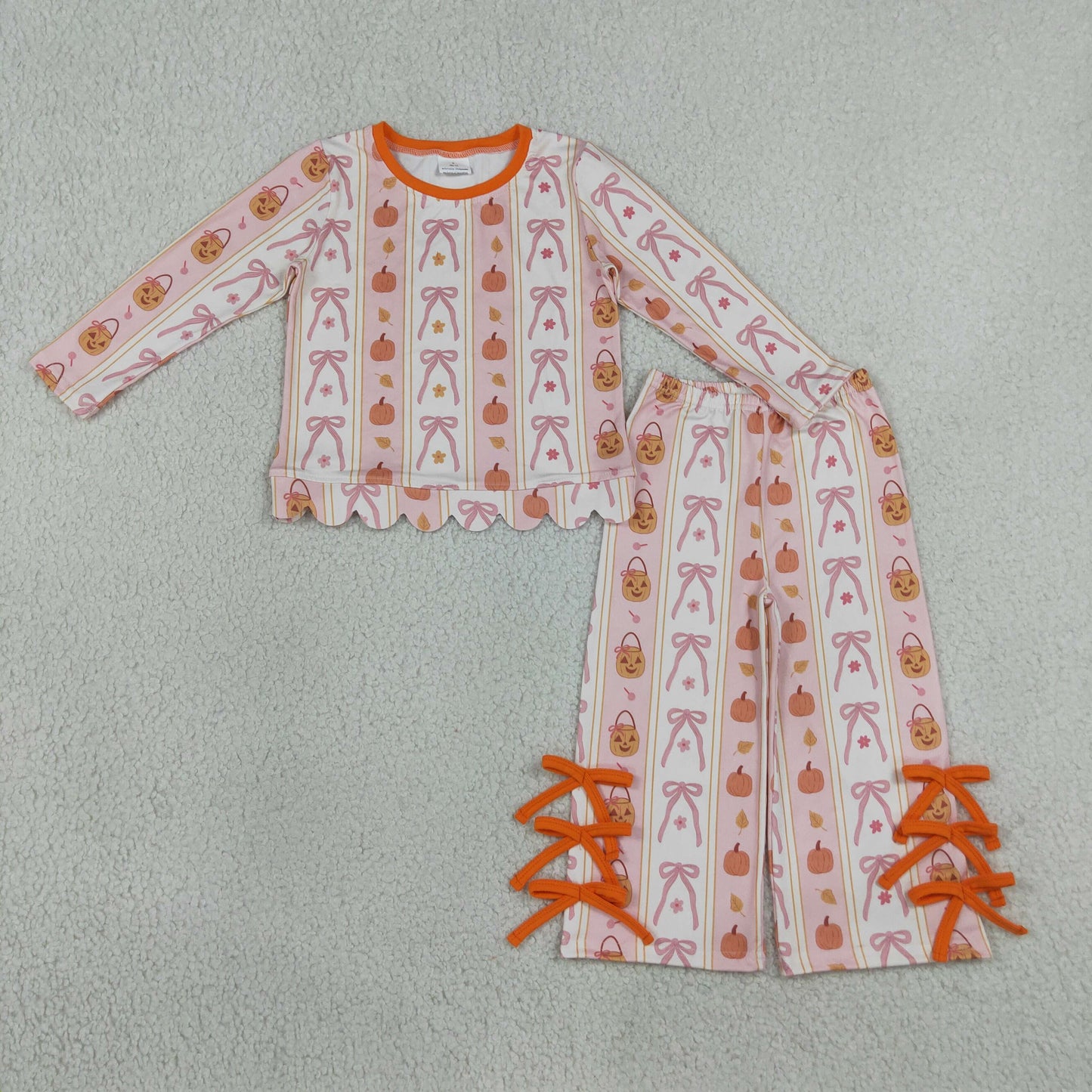 Baby Girls Bows Pumpkins Stripe Scallop Top Bows Pants Fall Clothes Set