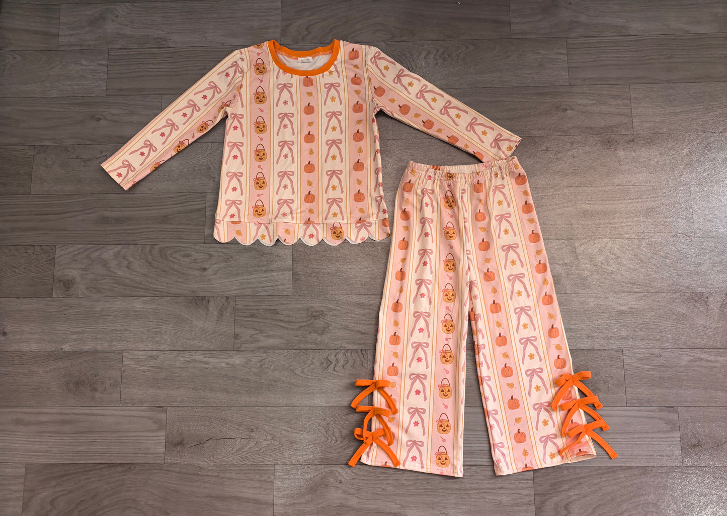 Baby Girls Bows Pumpkins Stripe Scallop Top Bows Pants Fall Clothes Set Preorder