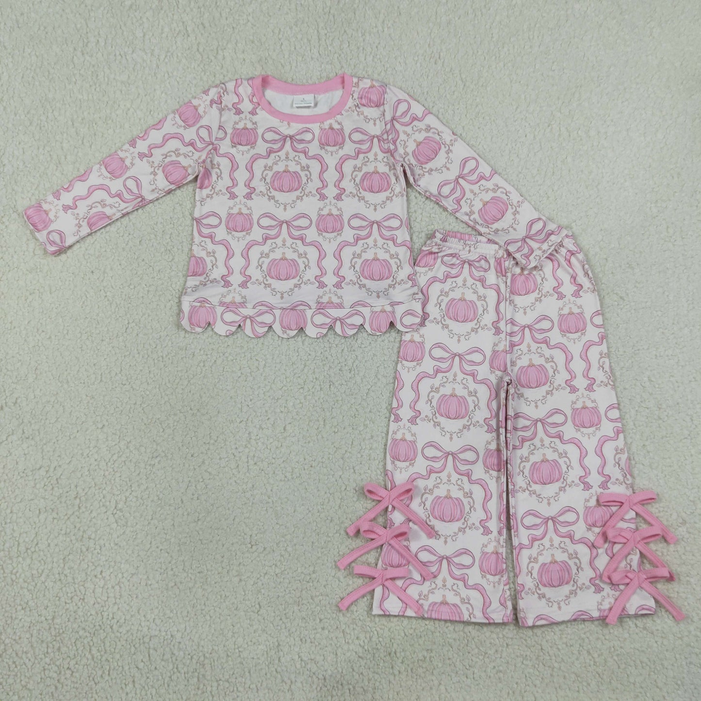 Baby Girls Bows Pumpkins Checked Scallop Top Bows Pants Fall Clothes Set