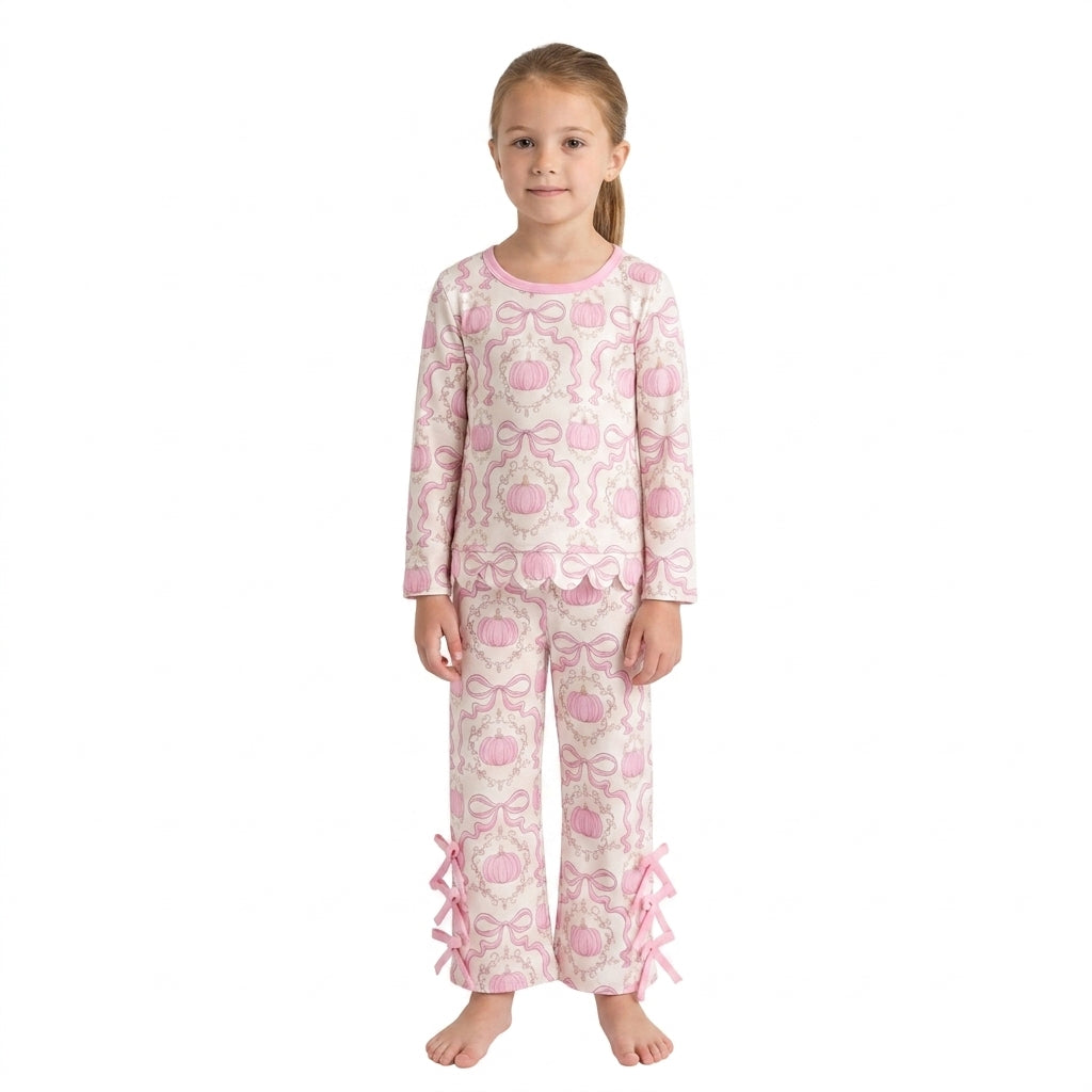 Baby Girls Bows Pumpkins Checked Scallop Top Bows Pants Fall Clothes Set