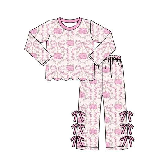 Baby Girls Bows Pumpkins Checked Scallop Top Bows Pants Fall Clothes Set Preorder