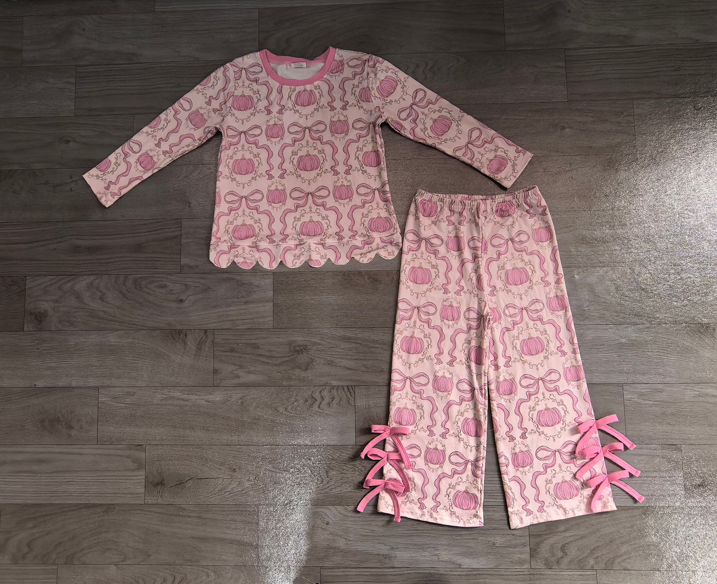 Baby Girls Bows Pumpkins Checked Scallop Top Bows Pants Fall Clothes Set Preorder