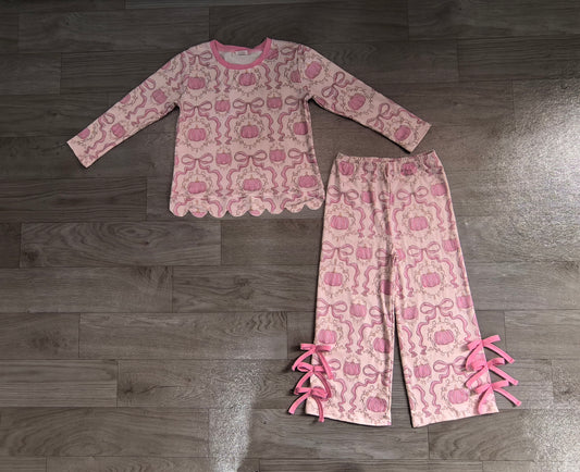 Baby Girls Bows Pumpkins Checked Scallop Top Bows Pants Fall Clothes Set Preorder