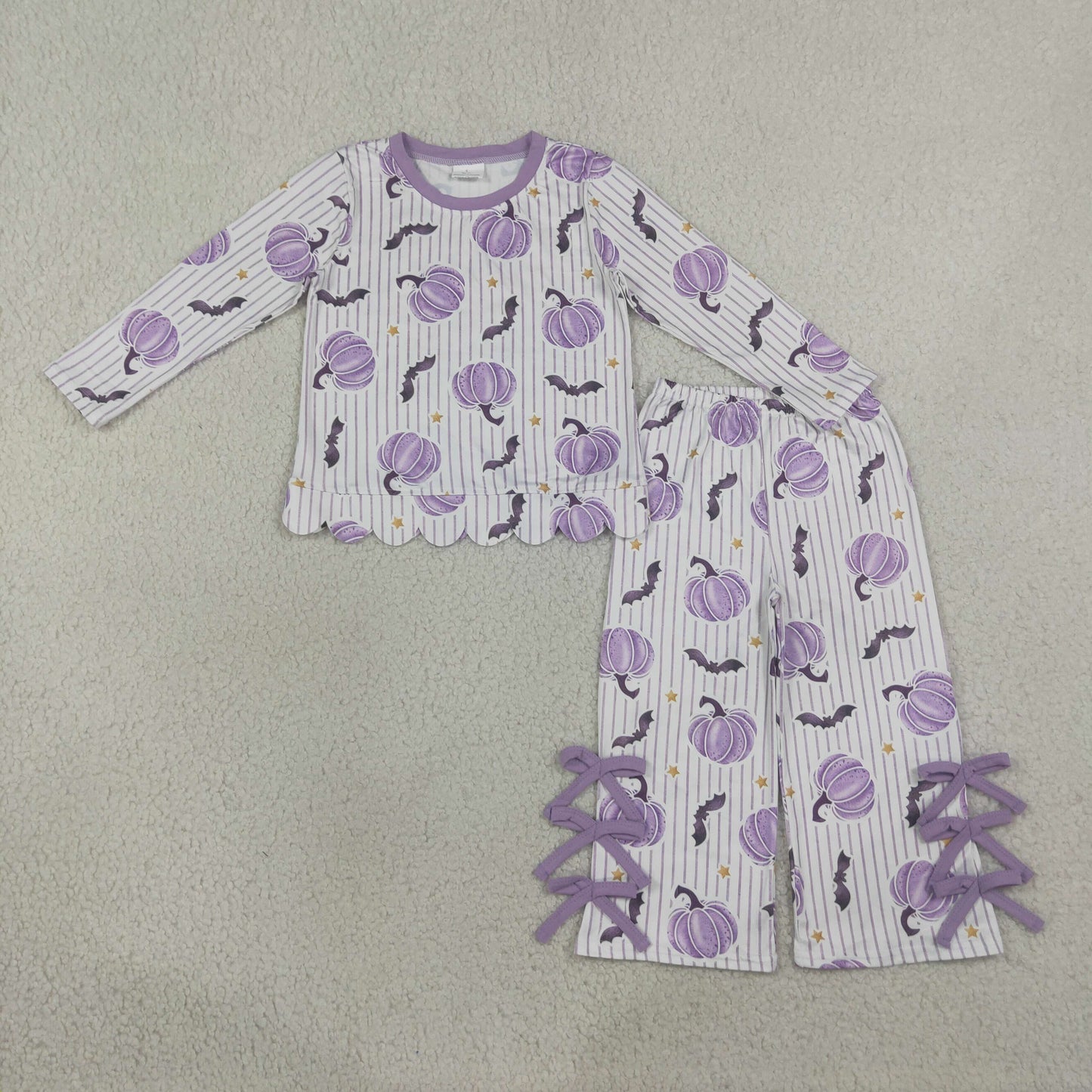 Baby Girls Bats Pumpkins Stripe Scallop Top Bows Pants Halloween Clothes Set
