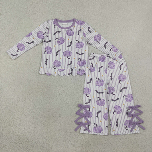Baby Girls Bats Pumpkins Stripe Scallop Top Bows Pants Halloween Clothes Set