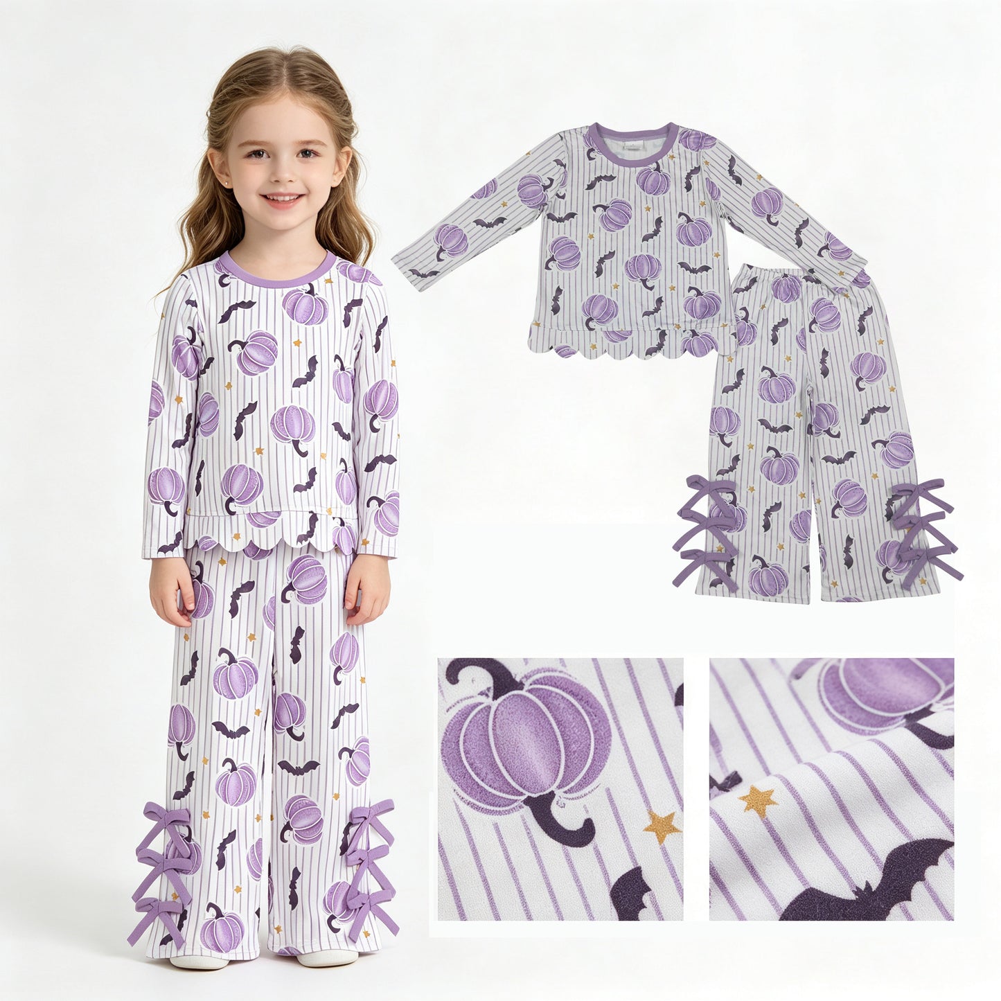 Baby Girls Bats Pumpkins Stripe Scallop Top Bows Pants Halloween Clothes Set