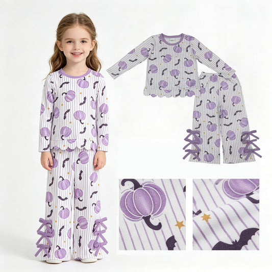Baby Girls Bats Pumpkins Stripe Scallop Top Bows Pants Halloween Clothes Set