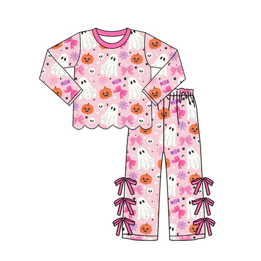 Preorder moq 5 Baby Girls Ghosts Pumpkins Scallop Top Bows Pants Halloween Clothes Set